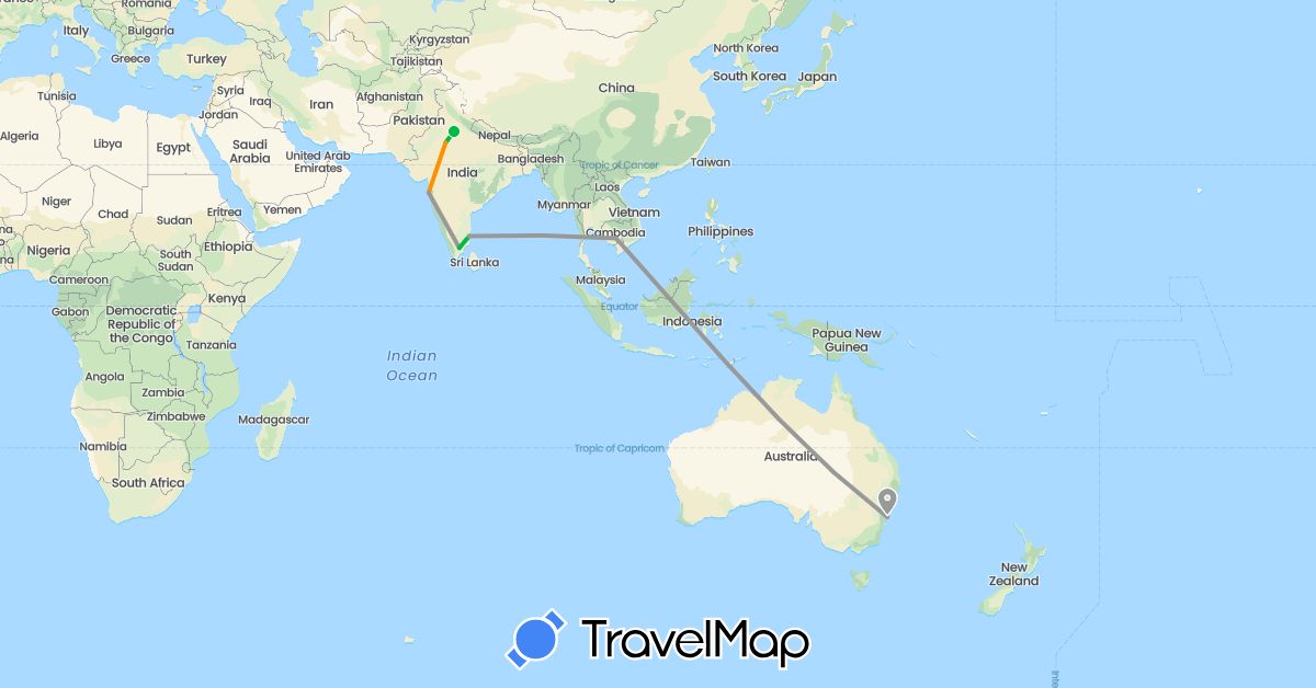 TravelMap itinerary: bus, plane, hitchhiking in Australia, India, Cambodia (Asia, Oceania)